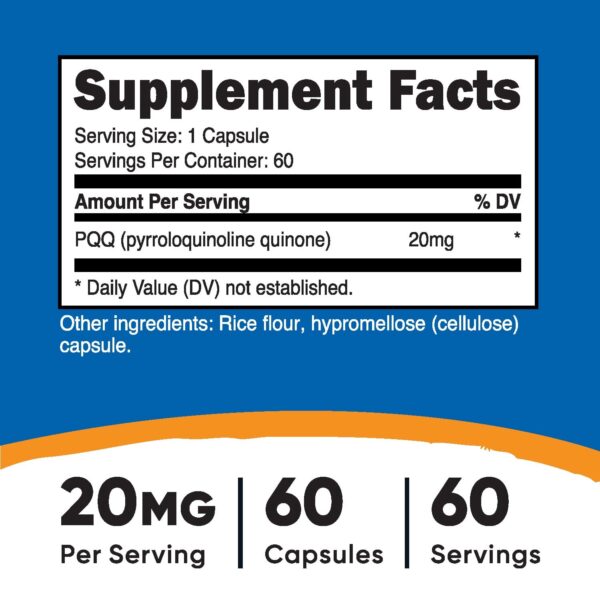 Suplemento de PQQ (Priloquinolina Quinona) 20 Mg X 60 CAPS - NUTRICOST sin OGM, sin Gluten - Imagen 2