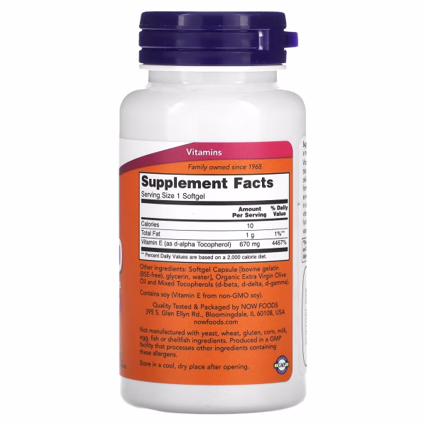 VITAMIN E-1000 (with Mixed Tocopherols) x 50 CAPS - NOW - Imagen 3