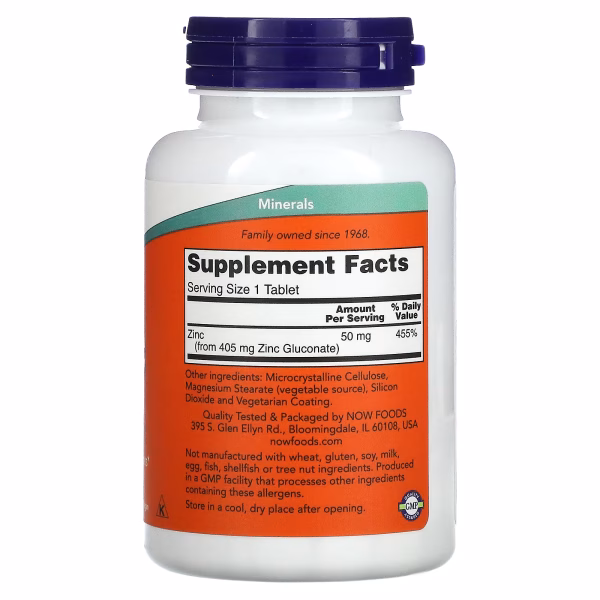 ZINC 50 MG x 250 TABLETS - NOW - Imagen 2