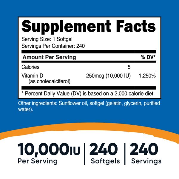VITAMIN D3 10,000 IU, 240 CAPS - NUTRICOST - Imagen 2
