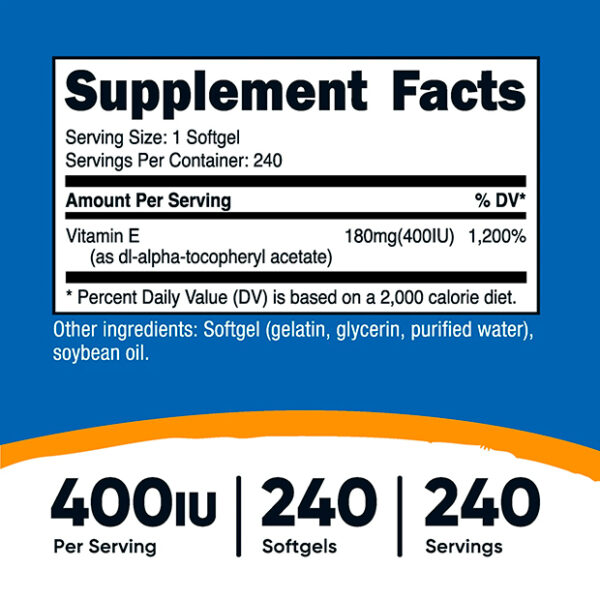 Suplemento de Vitamina E 400 IU, 240 CAPS - NUTRICOST - Imagen 2