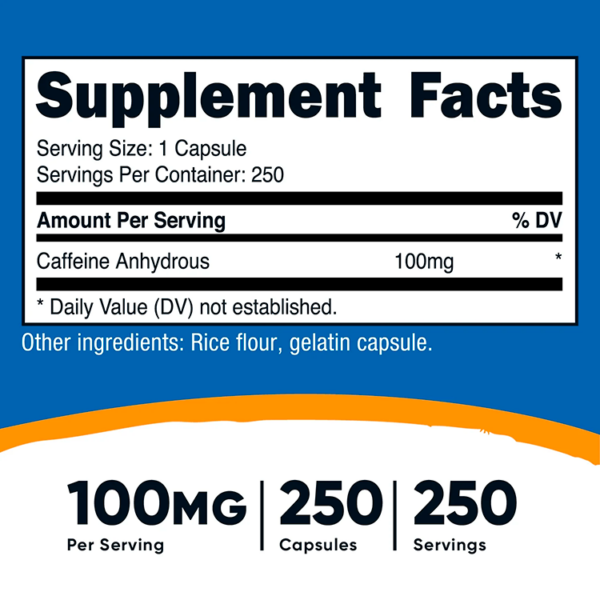 Pastillas de Cafeína 100 Mg X 250 CAPS - NUTRICOST - Imagen 2