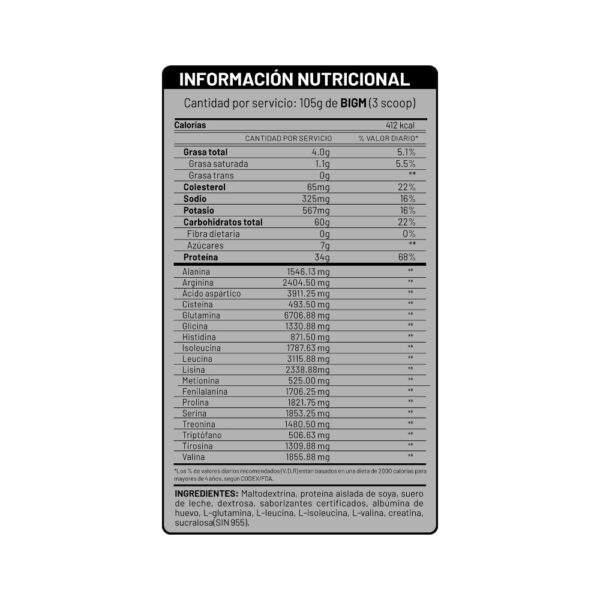 BIGM (Ganador De Masa Muscular)(Chocolate) 2kg - UNIVERSE NUTRITION - Imagen 2