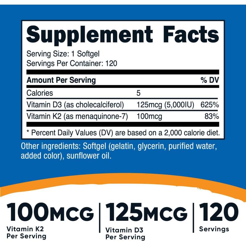 VITAMIN K2 (100 MCG) + Vitamina D3 (5000 IU) 120 CAPS - NUTRICOST - Imagen 2