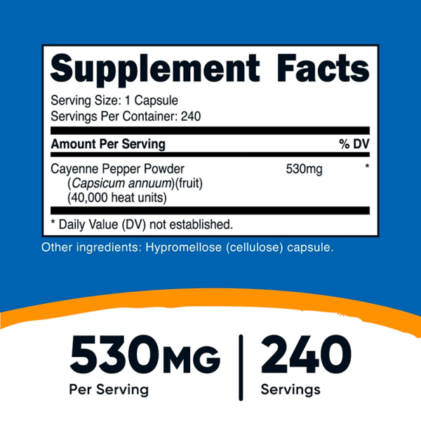 CAYENNE PEPPER 40,000 HEAT UNITS 530 MG X 240 CAPS- NUTRICOST - Imagen 2