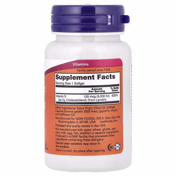 VITAMIN D-3 5,000 IU X 120 MCG, 240 SOFT - NOW - Imagen 2