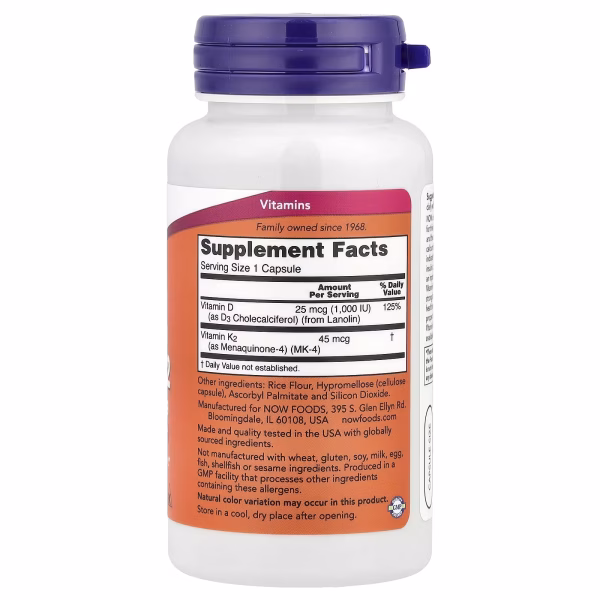 VITAMIN D-3 & K-2 1,000 IU X 45 MCG 120 CAPS - NOW - Imagen 2