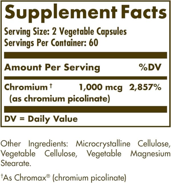 CHROMIUM PICOLINATE 500 MCG X 120 CAPS - SOLGAR - Imagen 2