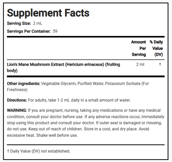 THERAPEUTIC LION'S MANE LIQUID EXTRACT 118 ML - PIPING ROCK - Imagen 2