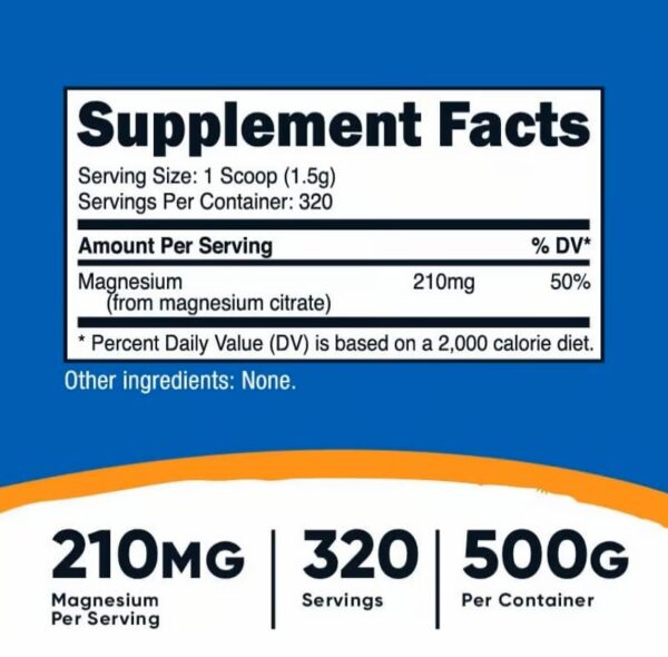 MAGNESIUM CITRATE 210 MG X 500gr DE NUTRICOST - DUO - Imagen 2