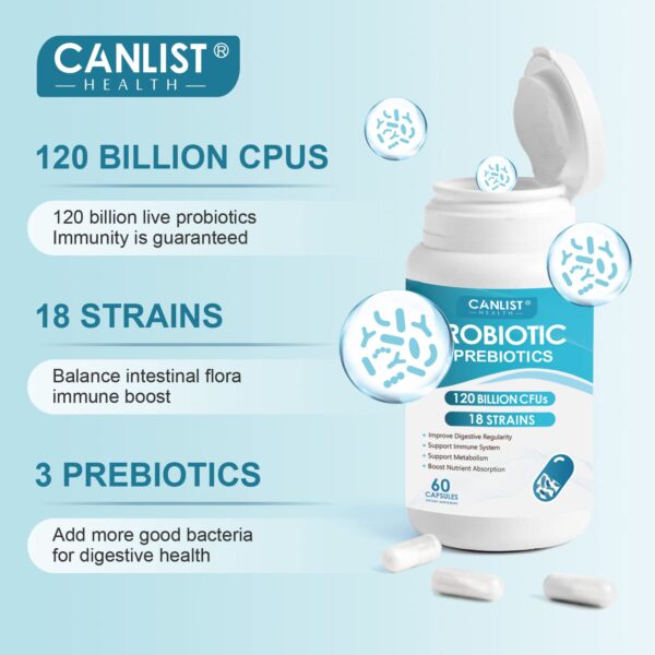 PROBIOTIC 3 PREBIOTICS 120 BILLION CFUS 18 TRAINS X 60 CAPS - CANLIST - Imagen 3