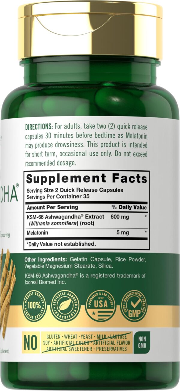 KSM-66 ASHWAGANDHA + MELATONIN 5MG (600 MG X 70 CAPS) - CARLYLE - Imagen 3