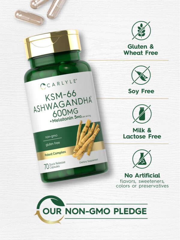 KSM-66 ASHWAGANDHA + MELATONIN 5MG (600 MG X 70 CAPS) - CARLYLE - Imagen 2