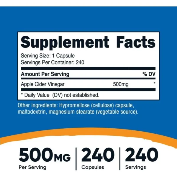 APPLE CIDER VINEGAR 500 MG X 280 CAPS - NUTRICOST - Imagen 2