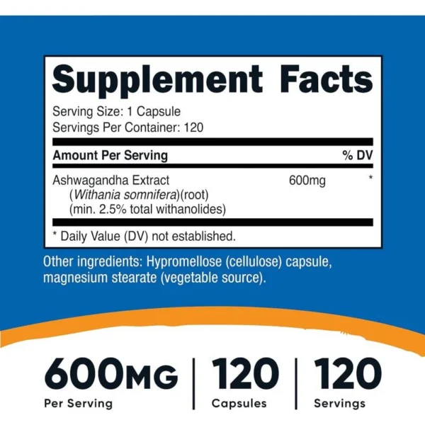 ASHWAGANDHA ROOT EXTRACT 600 MG X 120 CAPS - NUTRICOST - Imagen 2