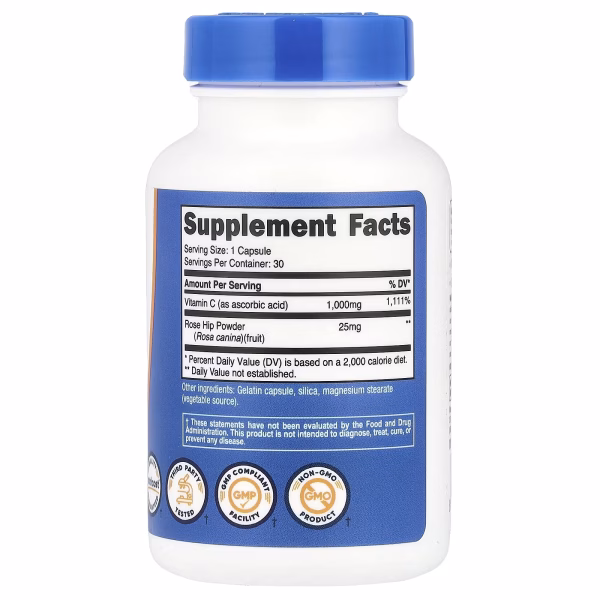 VITAMIN C WITH ROSE HIPS 1,000 MG X 240 CAPS - NUTRICOST - Imagen 2
