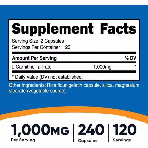 L-CARNITINE TARTRATE 1,000 MG X 240 CAPS - NUTRICOST - Imagen 2