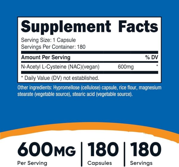 NAC (Vegan N-Acetyl L-Cysteine) 600 MG X 180 CAPS - NUTRICOST - Imagen 2