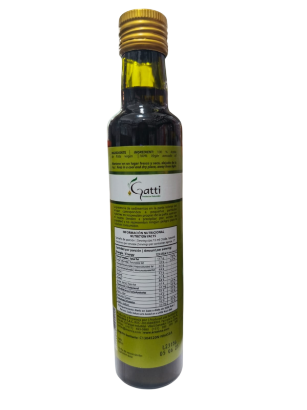 ACEITE DE PALTA VIRGEN (VIDRIO 250 ML) - GATTI - Imagen 2