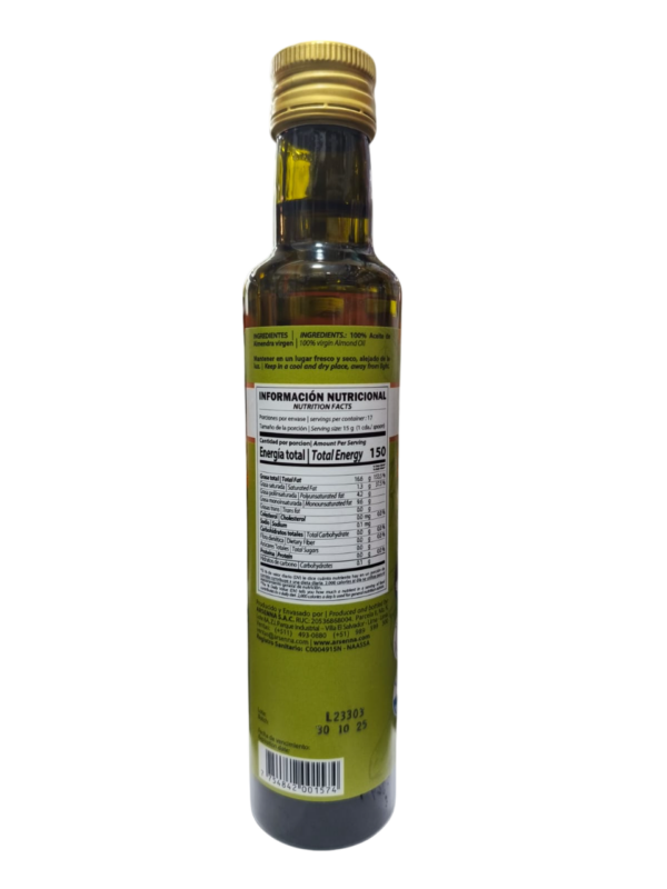 ACEITE DE ALMENDRA VIRGEN CON OMEGA 3-6-9 (VIDRIO 250 ML) - GATTI - Imagen 2