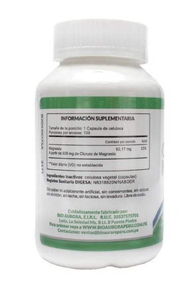 CLORURO DE MAGNESIO 500 MG X 100 CAPS - BIOAURORA - Imagen 2