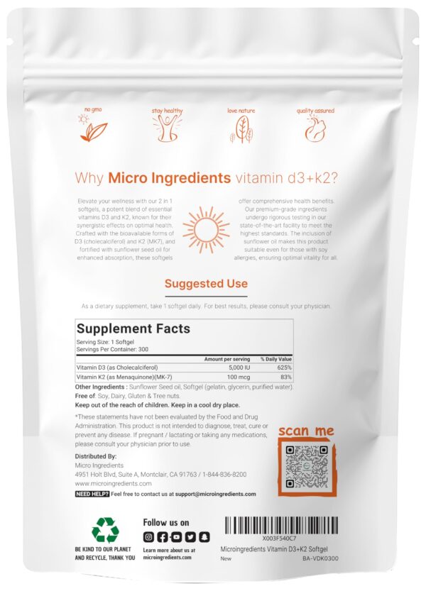 VITAMIN D3+K2 (5,000 IU + 100 MCG) X 300 SOFT - MICROINGREDIENTS - Imagen 2