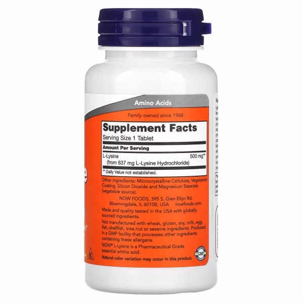 L-LYSINE (Essential Amino Acid) 500MG x 100 TABLETS - NOW - Imagen 2