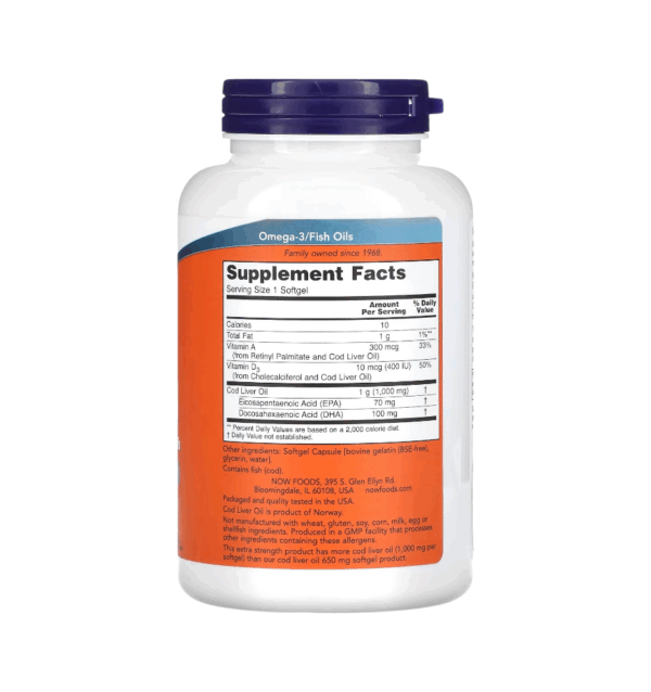COD LIVER OIL (EXTRA STRENGTH) 1000 MG x 180 CAPS - NOW - Imagen 2