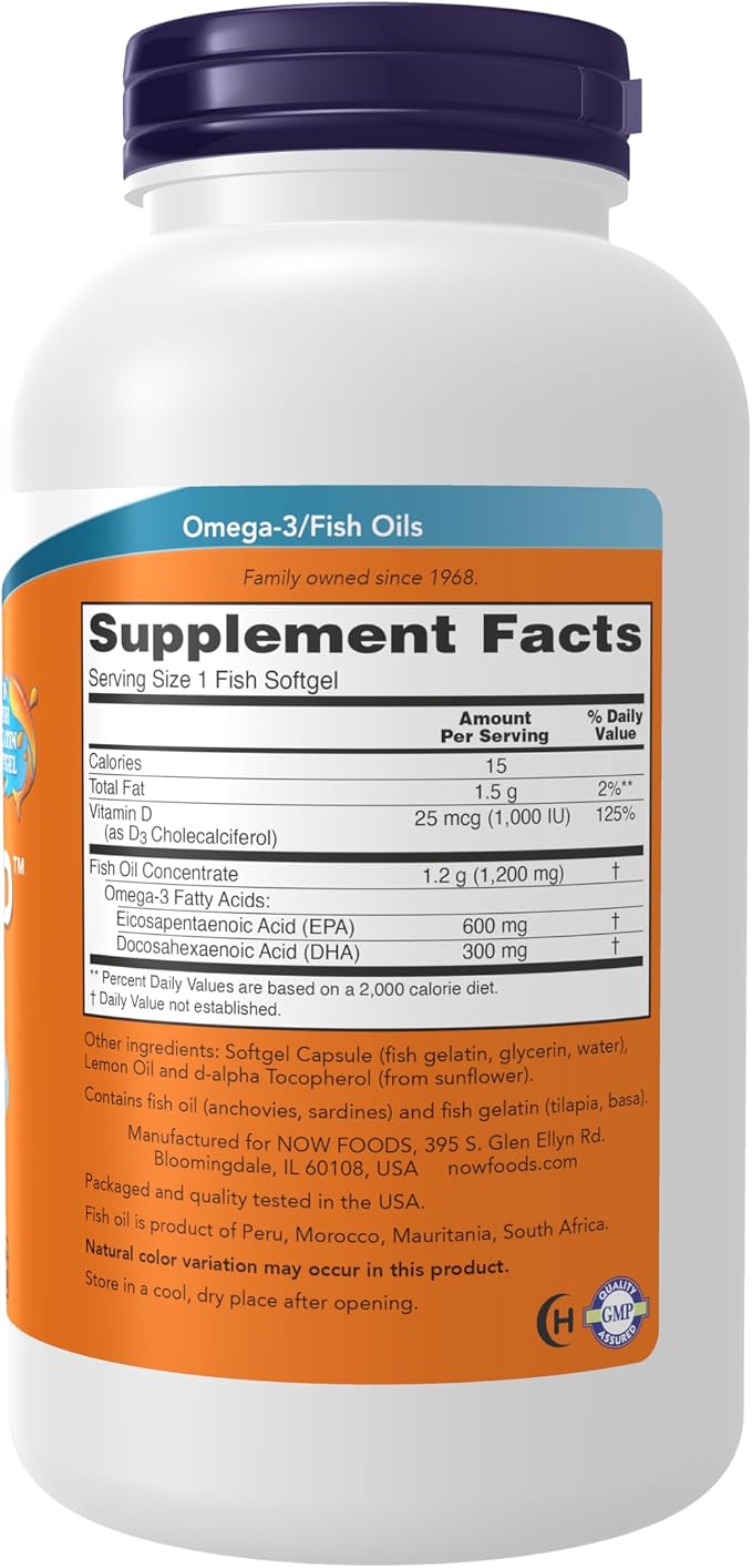 ULTRA OMEGA D-3 FISH OIL 1,000 IU x 180 CAPS - NOW - Imagen 2