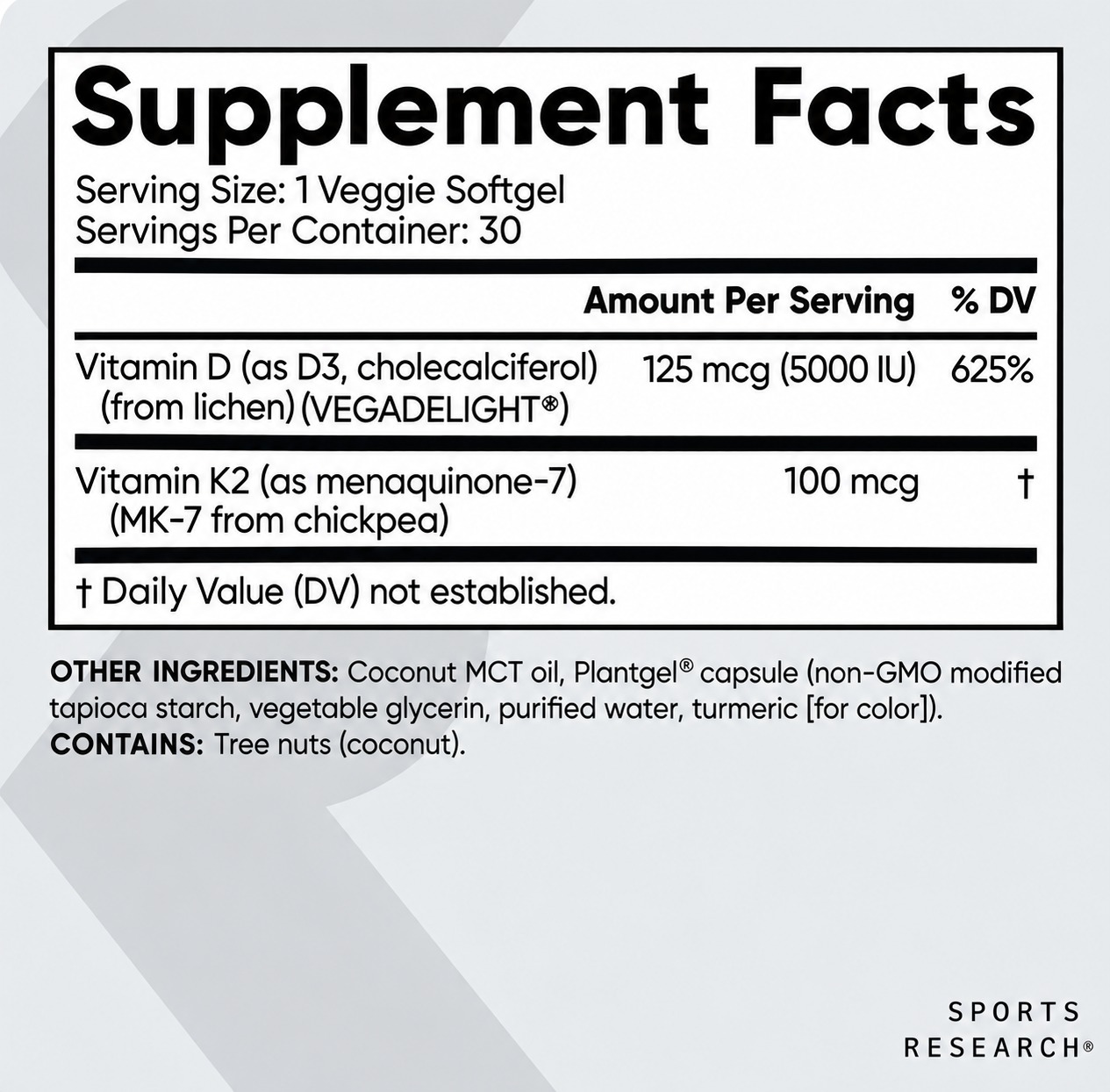 D3 + K2 Plant-Based de 125 MCG x 30 SOFT - SPORTS RESEARCH - Imagen 3